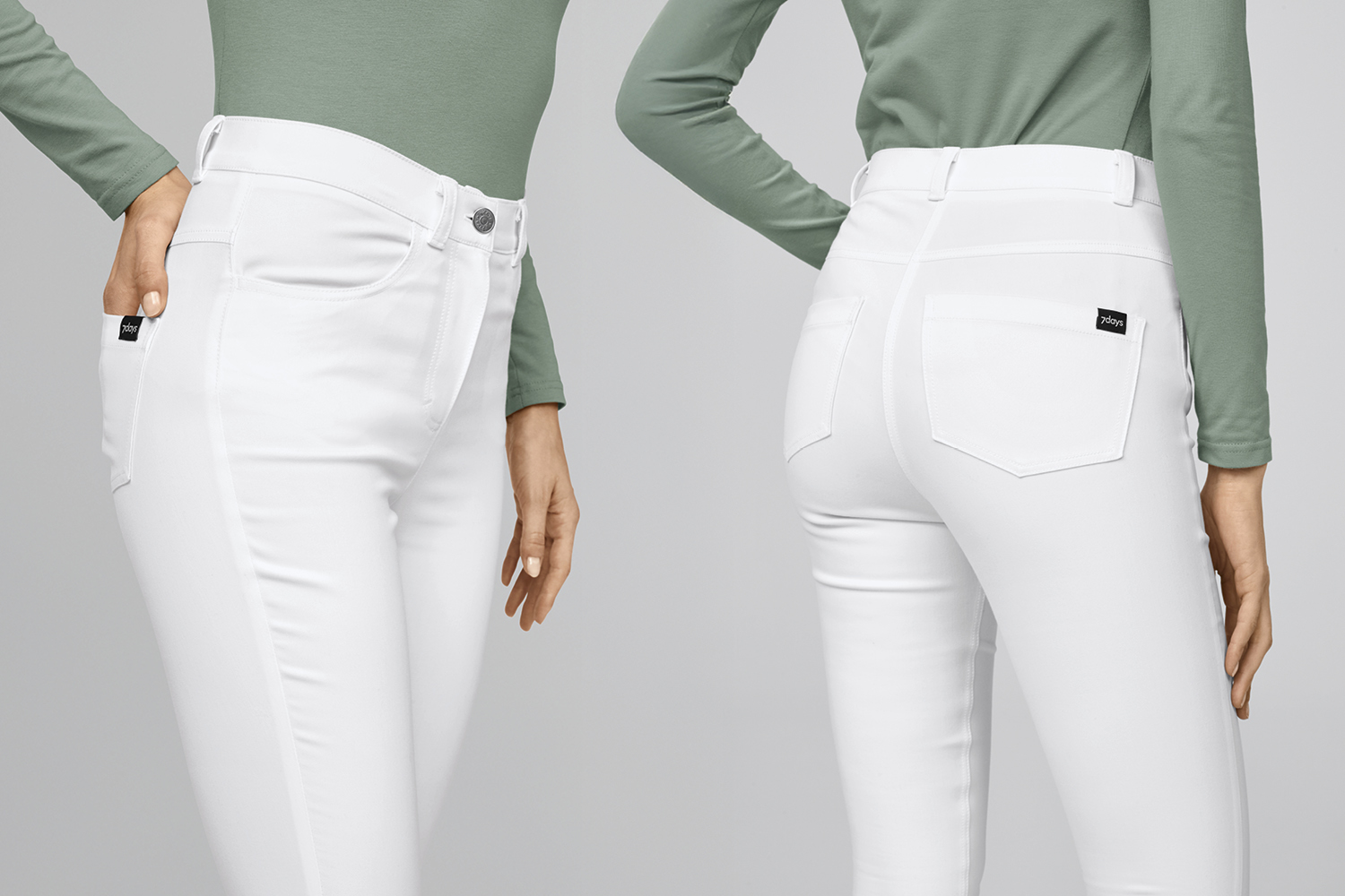 sivulta ja takaa katsottuna valkoiset joustavat housut 7days